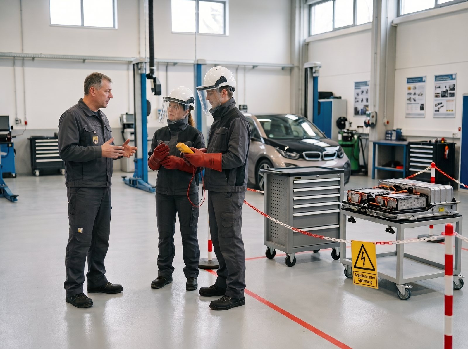 Ausbilder und zwei Auszubildende mit Schutzhelm, Gesichtsschutz und Isolierhandschuhen vor einem abgesperrten Arbeitsplatz mit geöffnetem Hochvolt-Speicher.