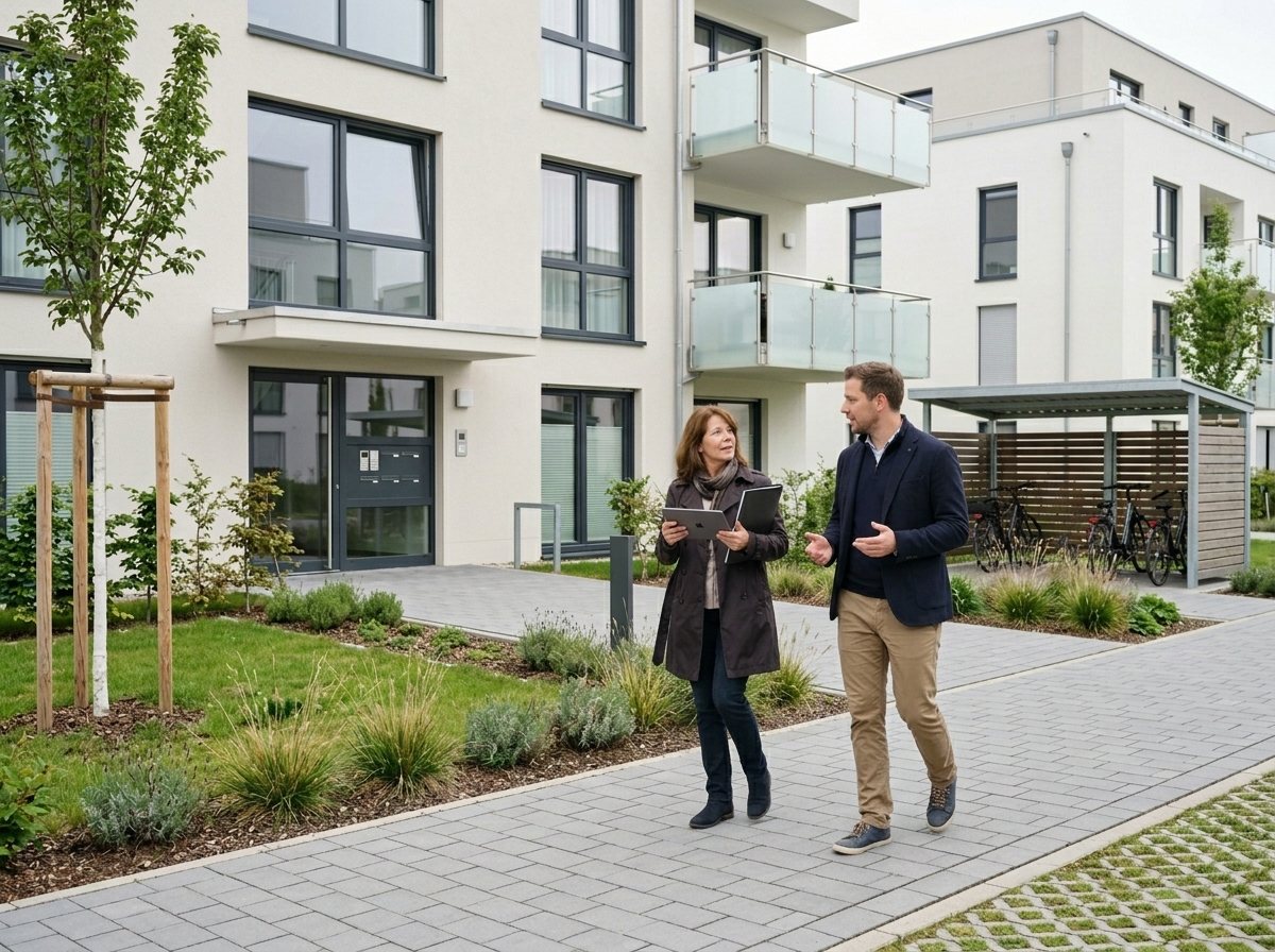 Verwalterin und Eigentümer im Gespräch auf dem Weg vor einem neu gebauten Mehrfamilienhaus.