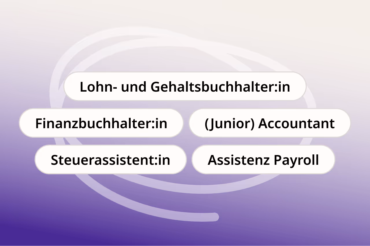 Liste der Berufsbezeichnungen auf violettem Hintergrund mit Farbverlauf: Lohn- und Gehaltsbuchhalter:in, Finanzbuchhalter:in, (Junior-)Buchhalter:in, Steuerassistent:in, Assistenz Payroll.