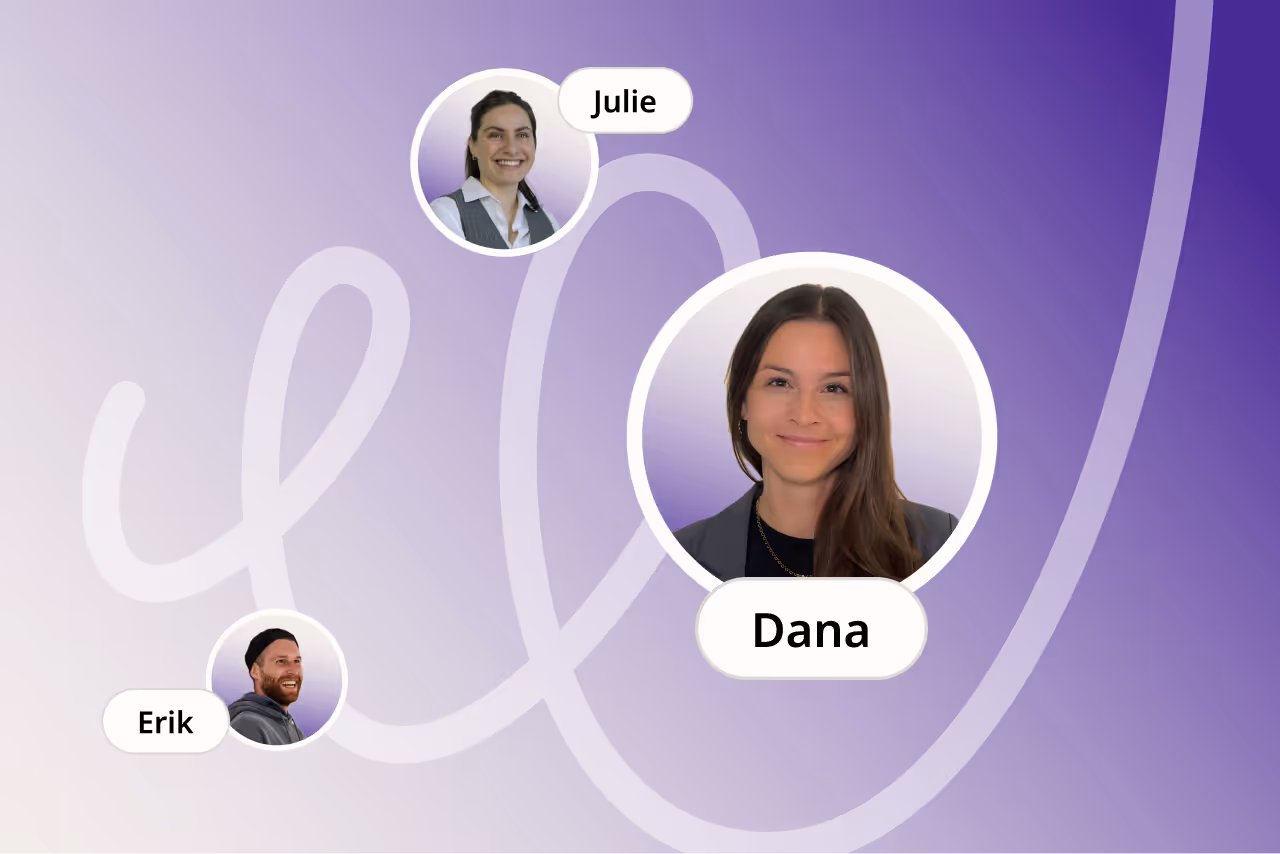 Porträts von drei lächelnden Personen namens Julie, Dana und Erik vor einem violetten Hintergrund mit Farbverlauf und weißen Wirbelstreifen.